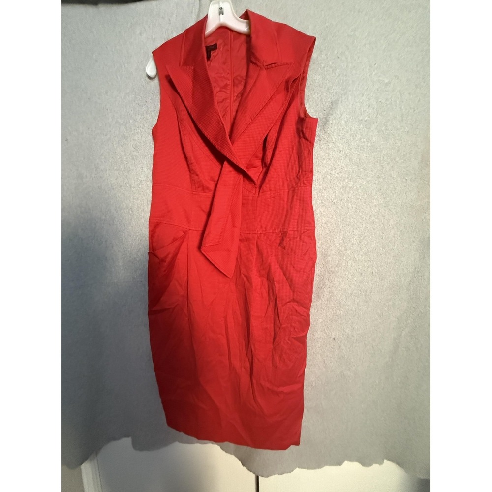 Escada Dress Womens 42 Red Textured Collared Sheath Sleeveless Zip Midi Pockets